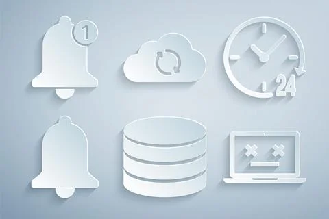 Set Database, Clock 24 hours, Ringing bell, Dead laptop, Cloud sync refresh and Illustrazione stock