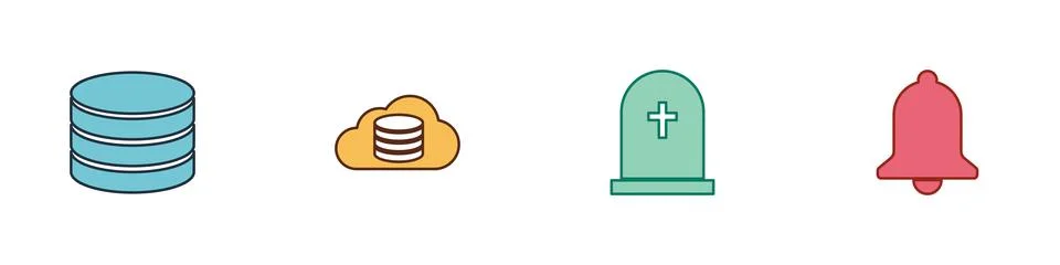 Set Database, Cloud database, Tombstone with cross and Ringing bell icon. Vector Illustrazione stock