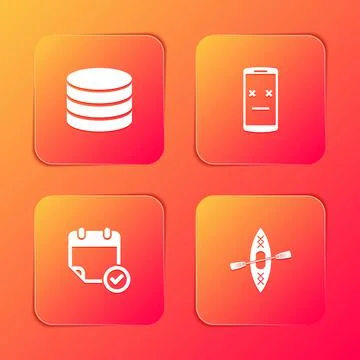Set Database, Dead mobile, Calendar with check mark and Kayak and paddle icon Stock-Illustration