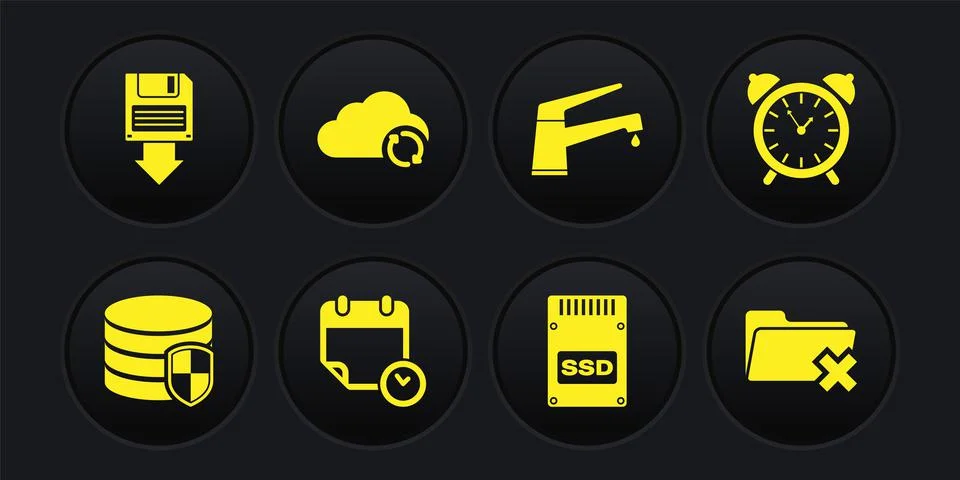 Set Database protection, Alarm clock, Calendar and, SSD card, Water tap and Illustrazione stock