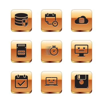 Set Database protection, Calendar with check mark, Dead laptop, Stopwatch, SSD Stock Illustration