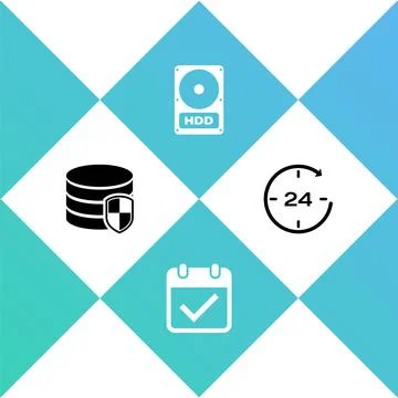 Set Database protection, Calendar with check mark, Hard disk drive HDD and Clock Illustrazione stock
