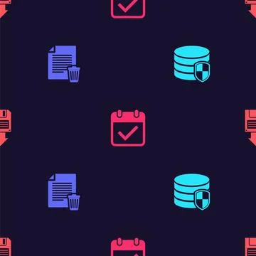 Set Database protection, Delete file document, Calendar with check mark and F Stock Illustration