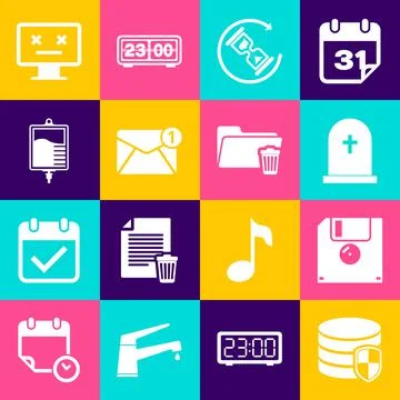 Set Database protection, Floppy disk, Tombstone with cross, Waiting, New, email Stock Illustration