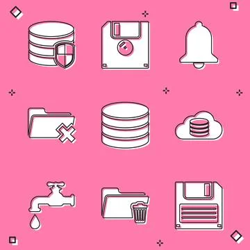 Set Database protection, Floppy disk, Ringing bell, Delete folder, and Cloud Illustrazione stock