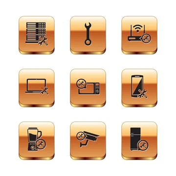 Set Database server service, Blender, Security camera, Microwave oven, Laptop Stock Illustration
