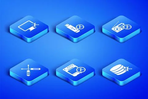 Set Database server service, Computer monitor, Oven, Crossed screwdrivers, .. Stock Illustration