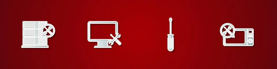 Set Database server service, Computer monitor, Screwdriver and Microwave oven Stock Illustration
