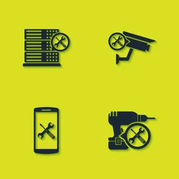 Set Database server service, Drill machine, Smartphone and Security camera icon Stock Illustration