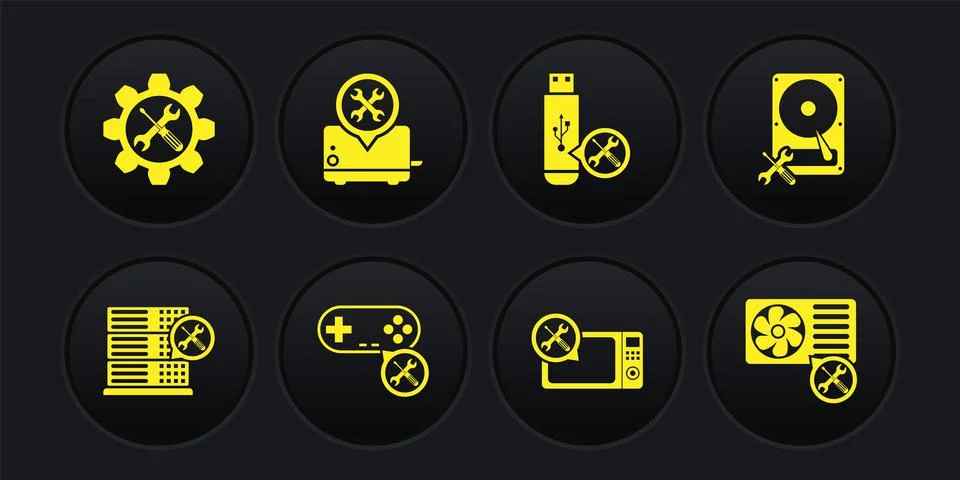 Set Database server service, Hard disk drive, Gamepad, Microwave oven, USB flash 스톡 일러스트