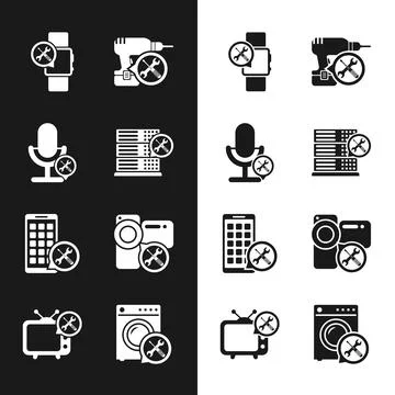 Set Database server service, Microphone, Smartwatch, Drill machine, Mobile Apps Stock Illustration