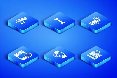 Set Database server service, Security camera, Smartwatch, Oven, Wrench and Air Stock Illustration