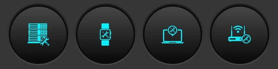 Set Database server service, Smartwatch, Laptop and Router wi-fi with icon Stock Illustration