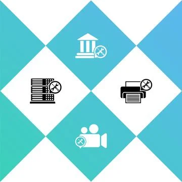 Set Database server service, Video camera, Bank building and Printer icon 스톡 일러스트
