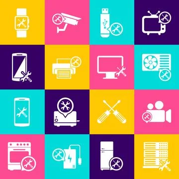 Set Database server service, Video camera, Air conditioner, USB flash drive.. Stock Illustration