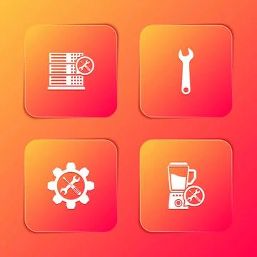 Set Database server service, Wrench, and screwdriver in gear and Blender icon Illustrazione stock