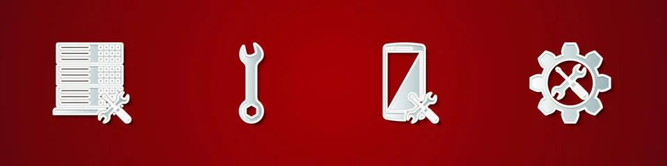 Set Database server service, Wrench, Smartphone and and screwdriver in gear icon Stock Illustration