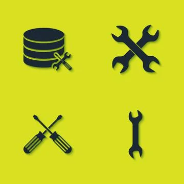 Set Database server service, Wrench, Crossed screwdrivers and wrenchs icon Stock Illustration