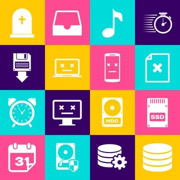 Set Database, SSD card, Delete file document, Music note, tone, Dead laptop and Stock Illustration