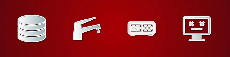 Set Database, Water tap, Retro flip clock and Dead monitor icon. Vector Stock Illustration