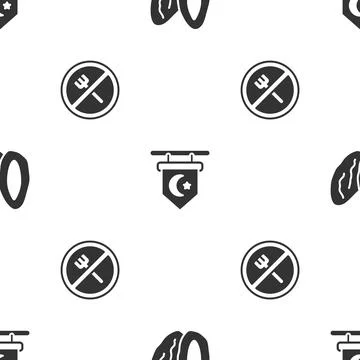 Set Date fruit, Star and crescent and Ramadan fasting on seamless pattern Stock Illustration