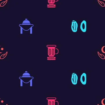 Set Date fruit, Table food, Medieval goblet and Star and crescent on seamless Illustration