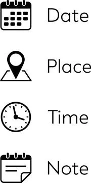 Set of Date, Place, Time and Note icons for business card or web design Stock Illustration
