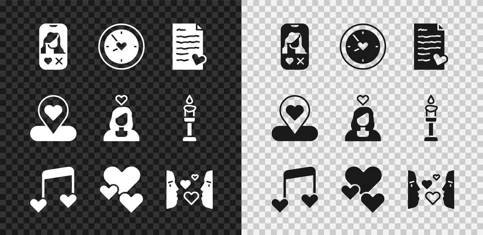 Set Dating app online, Clock with heart, Envelope Valentine, Music note, tone Stock Illustration
