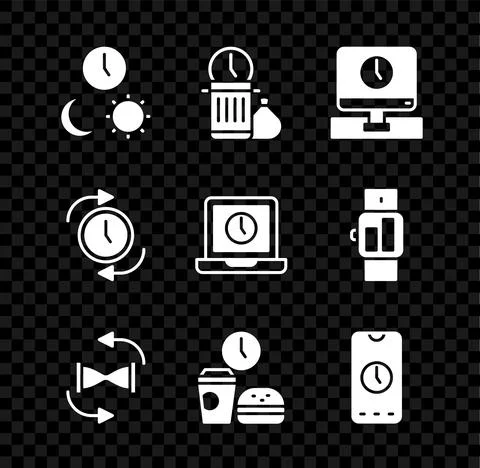 Set Day and night with time, Waste of, Monitor, Old hourglass sand, Fast food Stock Illustration