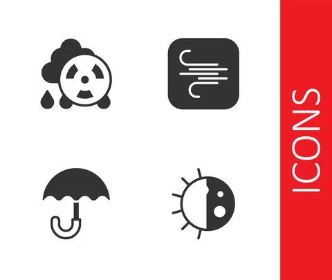 Set Day night cycle, Acid rain radioactive cloud, Umbrella and Wind icon. Vector Illustration