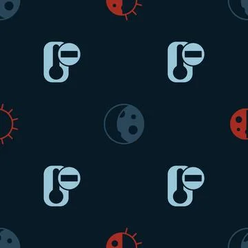 Set Day night cycle, Moon phases and Thermometer on seamless pattern. Vector Illustrazione stock