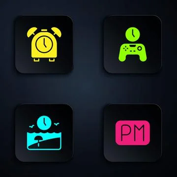 Set Day time, Alarm clock, Vacation and Gamepad of. Black square button. Vector Illustrazione stock