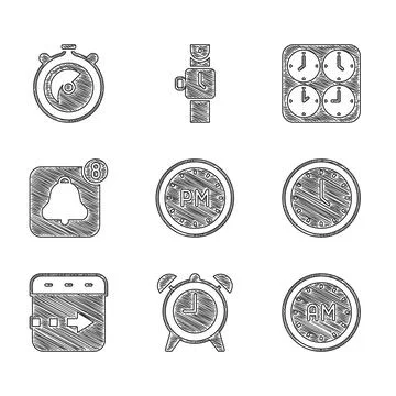 Set Day time, Alarm clock, Morning, Clock, Time flies on the, app mobile, z.. Stock Illustration