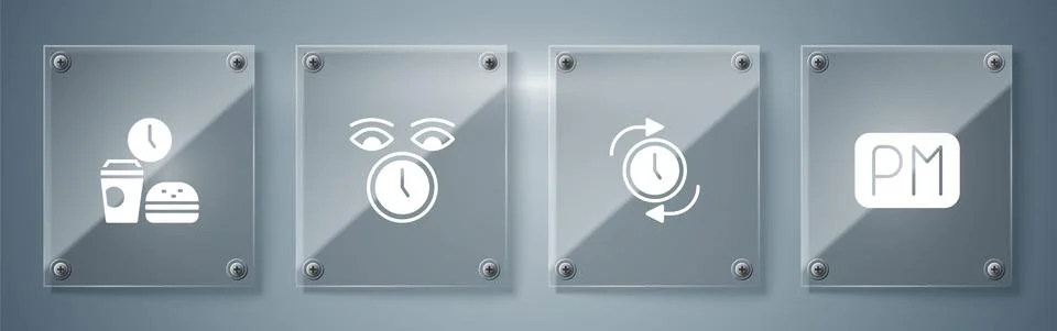 Set Day time, Clock with arrow, and Fast food. Square glass panels. Vector Stock Illustration