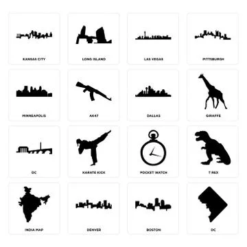 Set of dc, boston, india map, pocket watch, dallas, minneapolis, las vegas, k 무료 스톡 일러스트