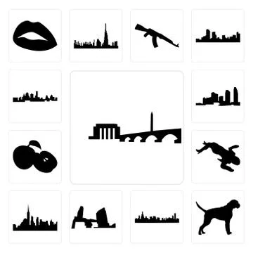 Set of dc skyline, boxer dog, chicago long island, nyc crime scene body, appl Selección de ilustraciones gratis