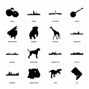 Set of dc, t rex, denver, kansas city, boston, giraffe, grand piano, las vega 무료 스톡 일러스트