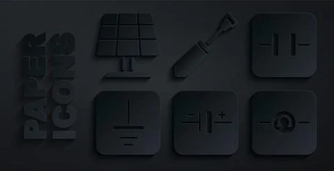 Set DC voltage source, Electrolytic capacitor, Electrical symbol ground, Ohmm Stock Illustration
