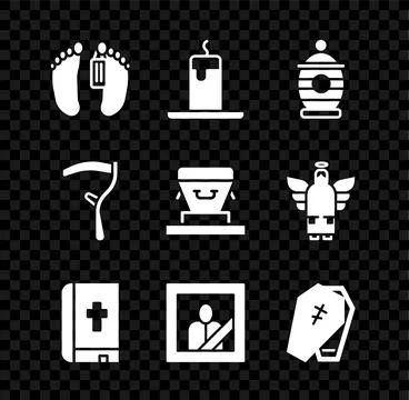 Set Dead body, Burning candle, Funeral, Holy bible book, Mourning photo frame Stock Illustration