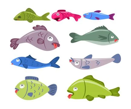 Set of dead fish collection, dying fish cartoon, Corpse of underwater anima.. Stock Illustration