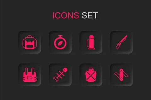 Set Dead fish, Compass, Hiking backpack, Canteen water bottle, Hunting gun,.. Stock-Illustration