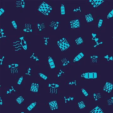 Set Dead fish, Hand ice drill, Fishing net pattern and Aqualung on seamless Illustrazione stock