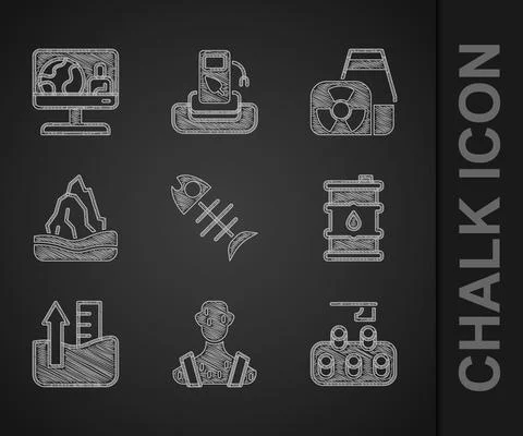 Set Dead fish, High human body temperature, Deforestation, Barrel oil, Rise in Ilustração Stock