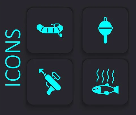 Set Dead fish, Inflatable boat with motor, Fishing float and harpoon icon. Black イラスト素材