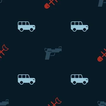Set Dead fish, Pistol or gun and Safari car on seamless pattern. Vector Stock Illustration
