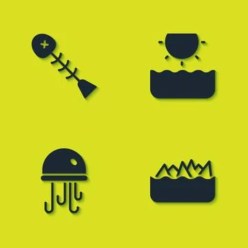 Set Dead fish, Sharp stone reefs, Jellyfish and Sun icon. Vector Stock Illustration