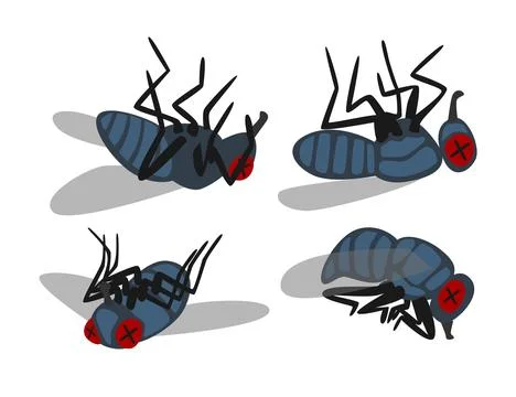 Set of dead fly collection, dying house fly cartoon, lying corpse of insect.. Illustrazione stock