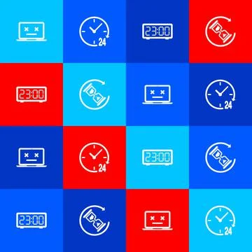 Set Dead laptop, Clock 24 hours, Digital alarm clock and Waiting icon. Vector Illustrazione stock
