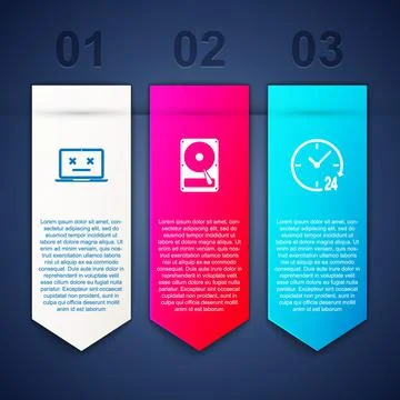 Set Dead laptop, Hard disk drive HDD and Clock 24 hours. Business infographic Stock Illustration