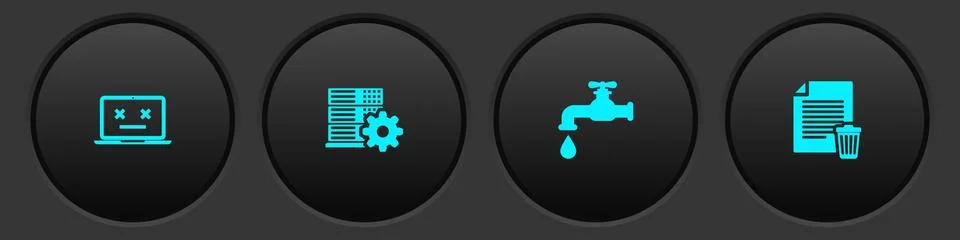 Set Dead laptop, Server setting, Water tap and Delete file document icon. Vector Stock Illustration